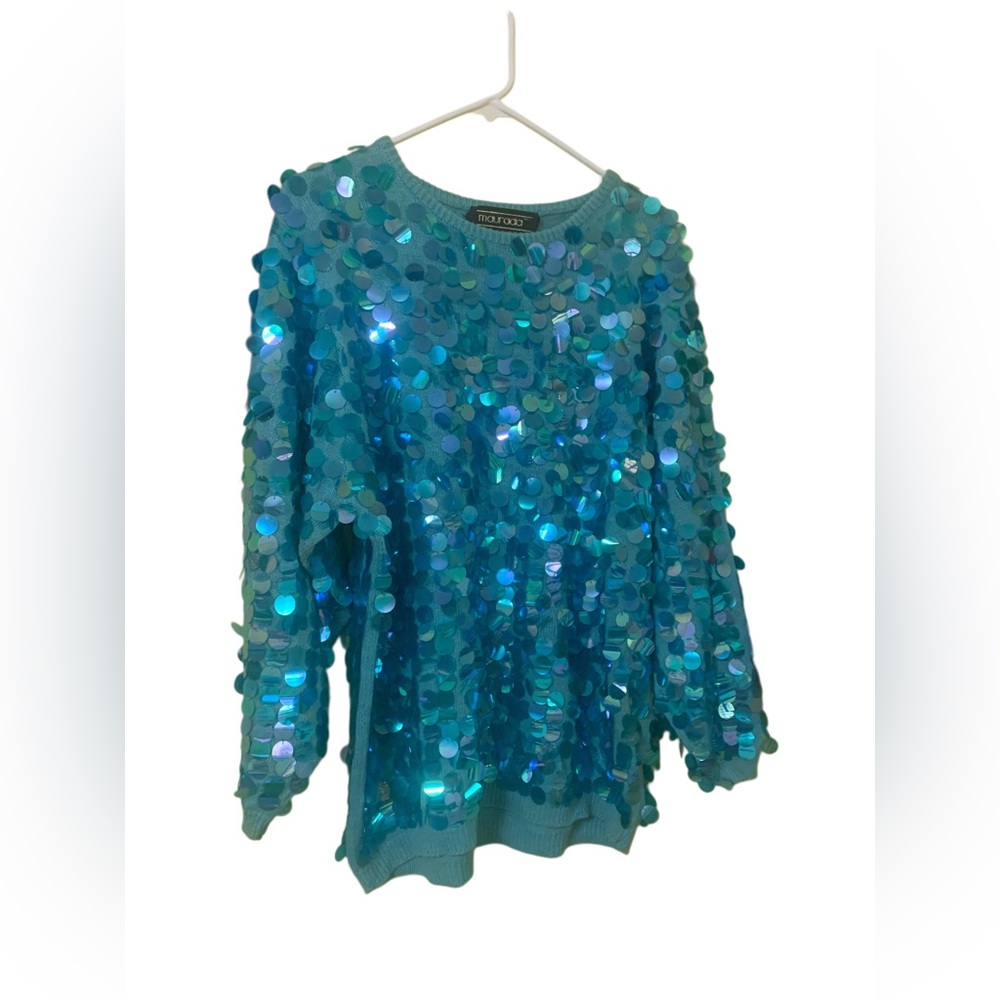 Maurada Aqua Long Sleeve Sweater Covered With Blue Sequins